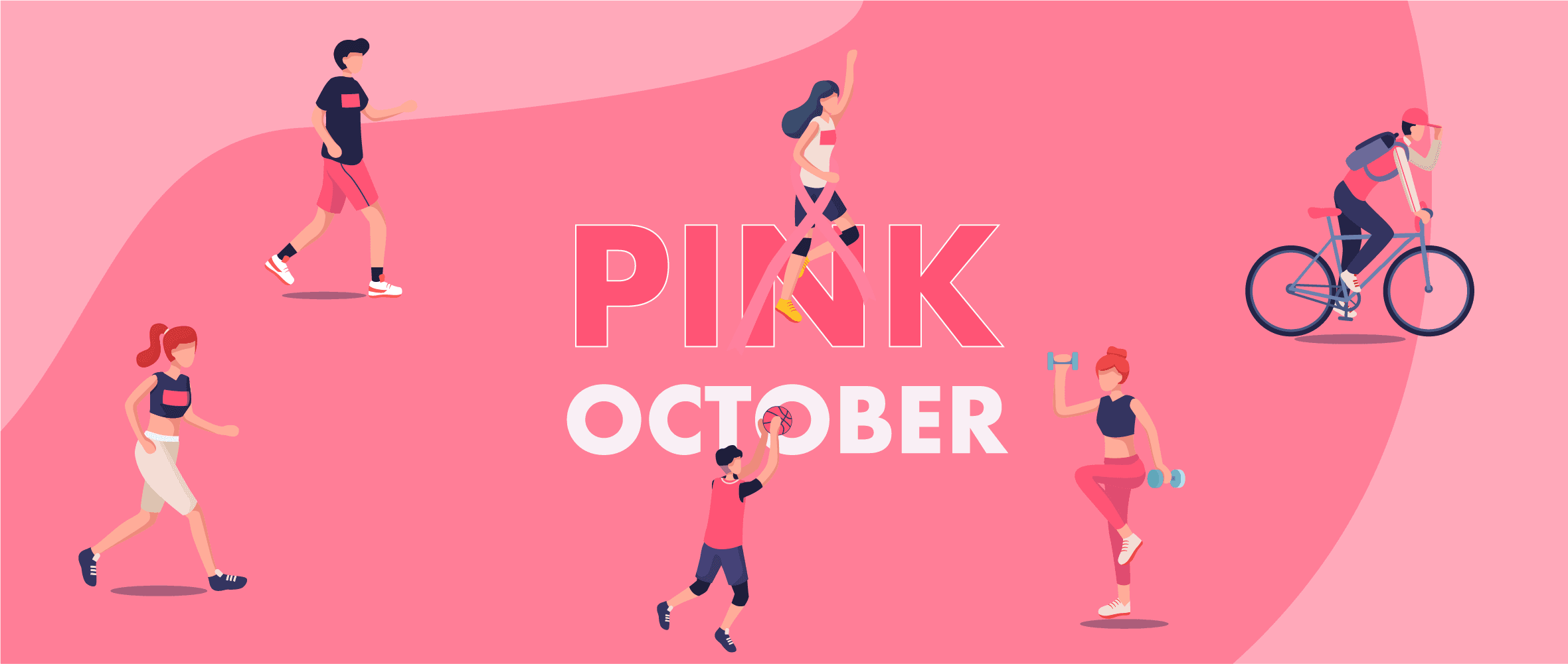 Pink October illustration with people moving together